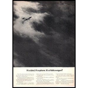 1968 VW Volkswagen Beetle Bug Vintage Print Ad Airplane Cloudy Sky Wall Art